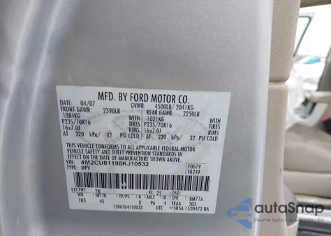 2008 Mercury Mariner V6 z USA, uszkodzony, nr VIN 4M2CU81198KJ10532